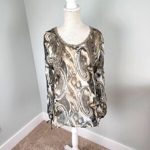 Tribal Women’s Sheer Black Green Ruffled Neckline Blouse Top Long Sleeve Size 14